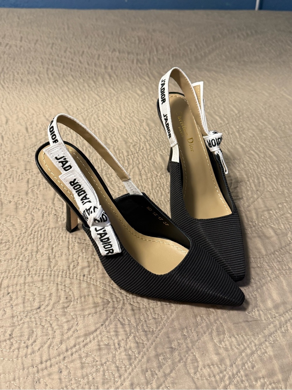 Dior Black Textured Slingback Heels with J'Adior Ribbon